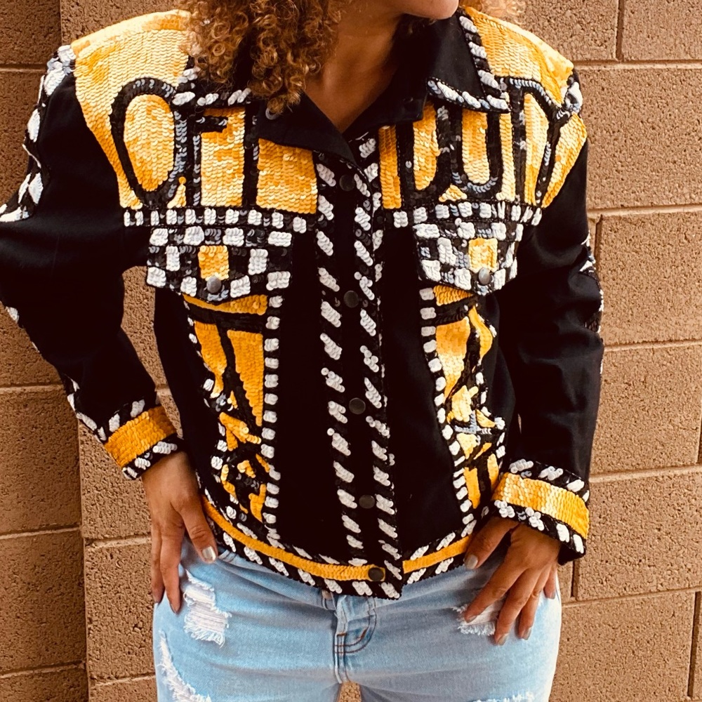 90s Vintage sequin TAXI Jacket Off Duty statement jacket🚕💛🧥🚧